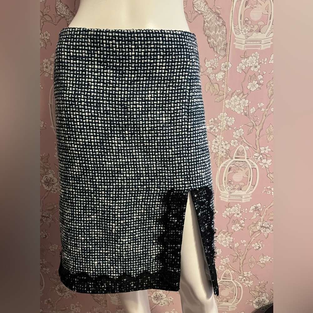 Navy and ivory tweed pencil skirt with black lace trim and front slit